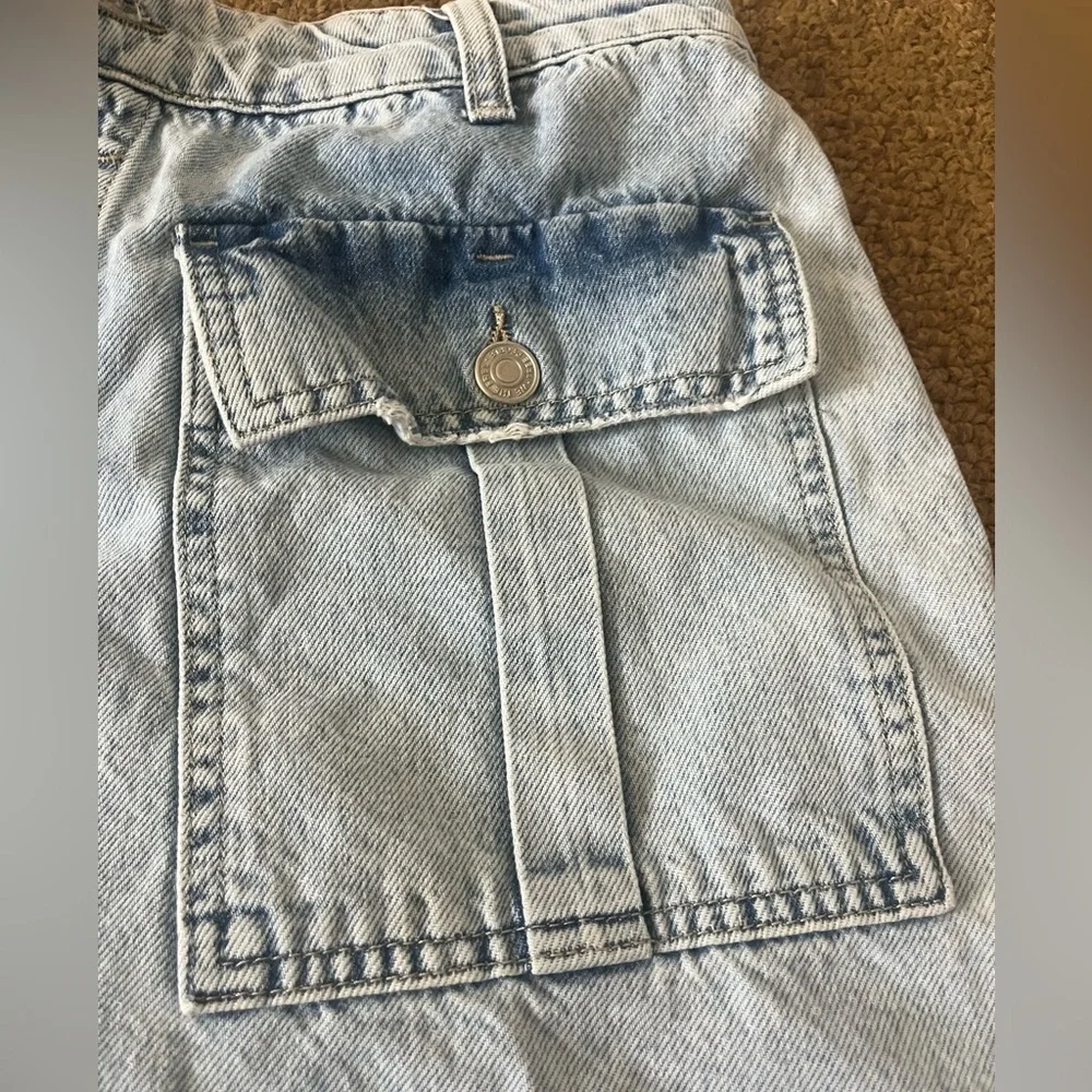 We the Free Denim Midi Jean Skirt Ava Front Button Acid Trashed Cargo Pocket